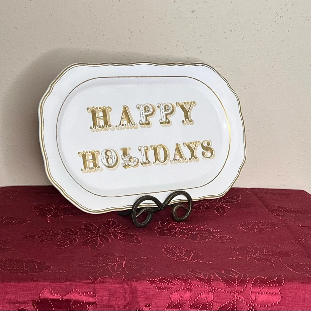 Williams Sonoma Gold and White Holiday Decor Tray 15.5” X 9”